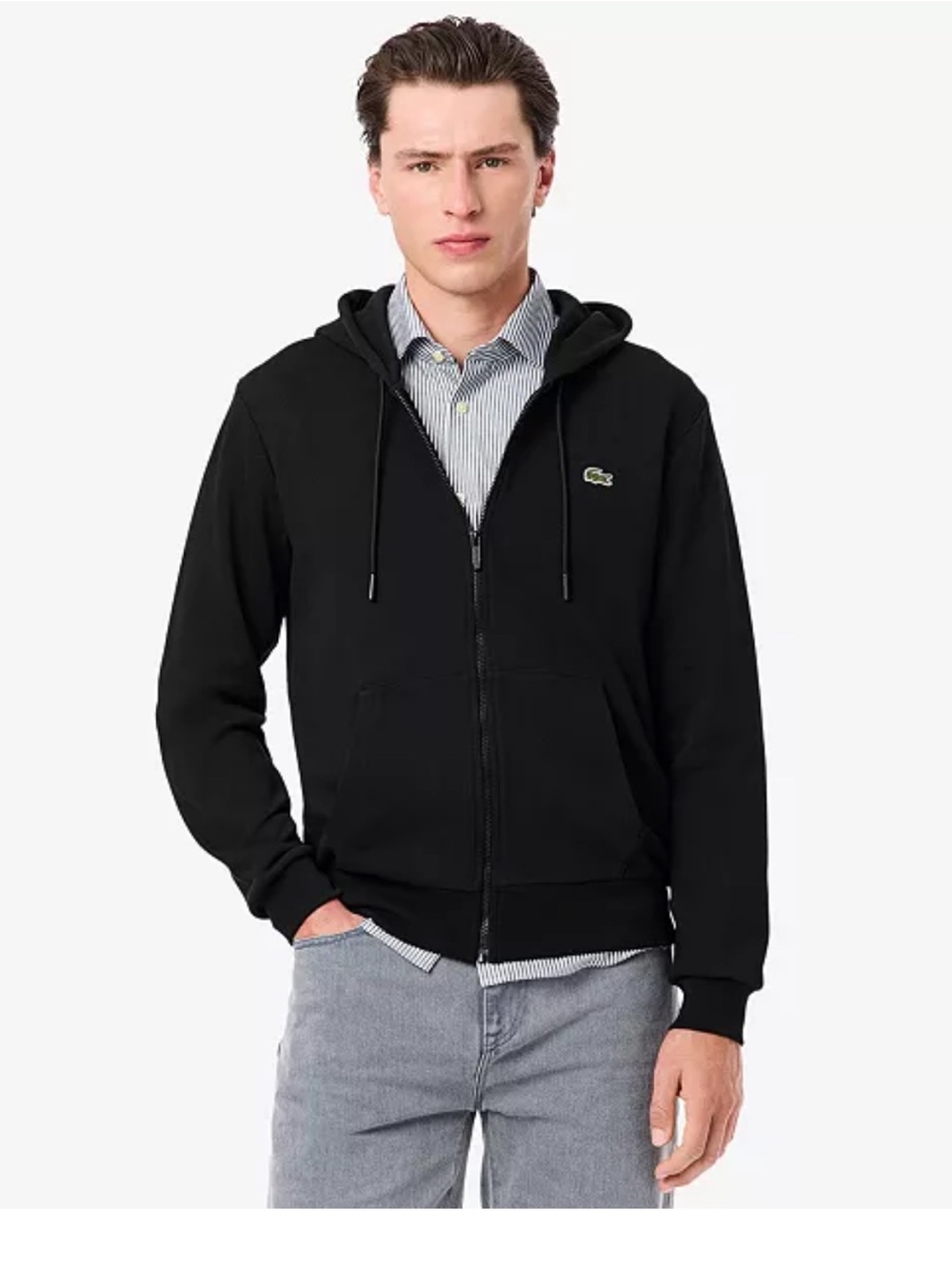 Lacoste Black Hooded Zip Jacket with Green Crocodile Logo
